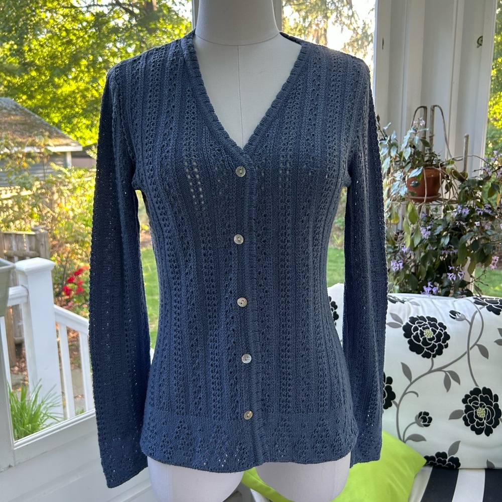 Bloomingdale's y.e.s. Powder Blue V Neck Button Up Cardigan Sweater in Pointelle